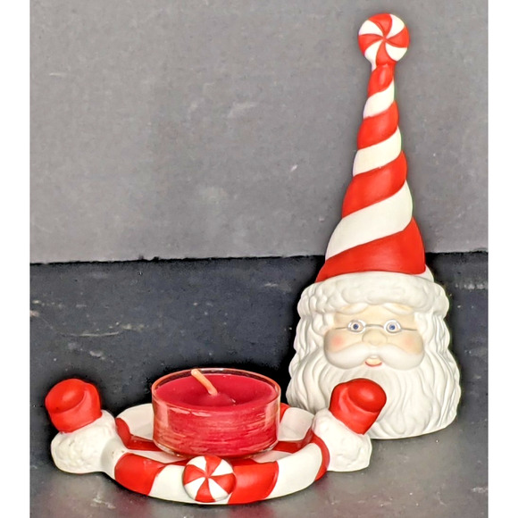 Partylite Ceramic Tea Light Candle Holder Peppermint Santa Snuffer Set Orig Box - Picture 5 of 8